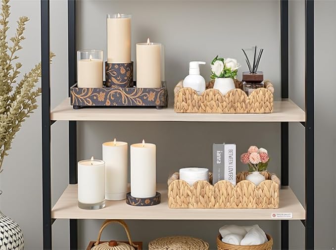 Kriitools Decorative Toilet Paper Storage Basket, Modern Farmhouse Home Decor Scalloped Basket for Organizing, Pantry Baskets for Shelves, Countertop, Living Room, w/Wood Handles, Natural, 2 Sizes