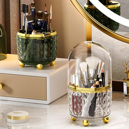 Makeup Brush Holder with Dustproof Lid, 360° Rotating Makeup Organizer, Spinning Cosmetic Organizer Pen Holder for Vanity Bathroom (Dark Green)