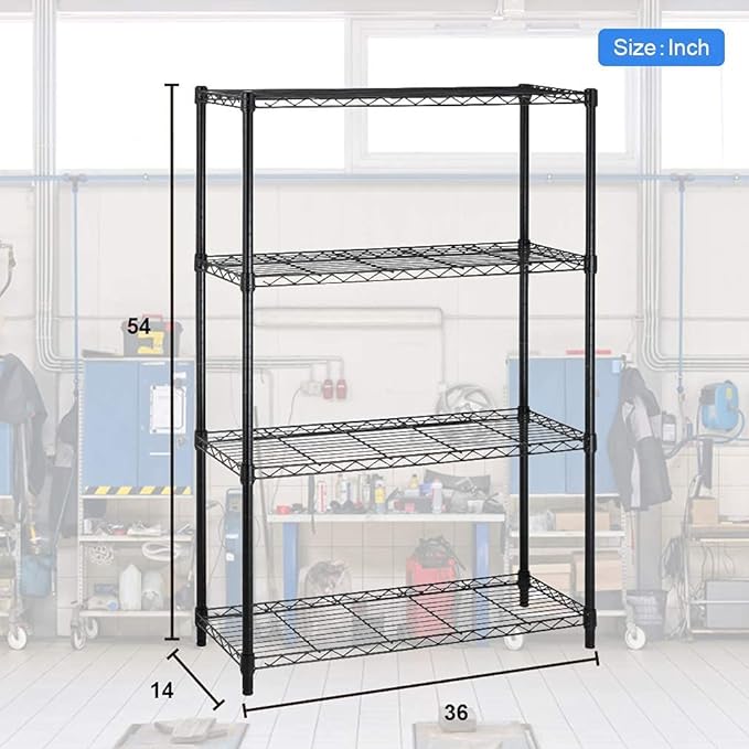 4 Tier Wire Shelving Rack Wire Shelving Unit, Metal Steel Shelves Adjustable Storage Organizer,1000 LBS Capacity, 54" H x 36" W x 14" D, Garage Shelving Rack for Office Kitchen Pantry Black