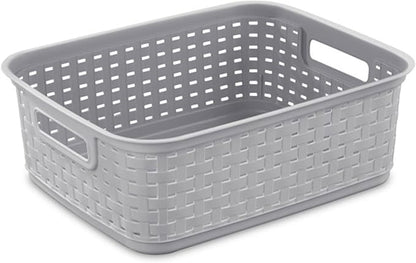 Sterilite Short Plastic Weave Storage Basket, Bin Organization for Countertops, Tabletops, and Shelves for Crafts, Jewelry, Gray, 6-Pack