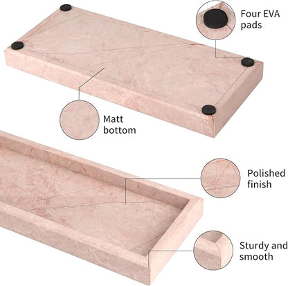 Marble Bathroom Vanity Tray, Natural Luxury Vanity Home Kitchen Bathroom Table Tray, Stone Decorative Countertop Dresser Trays for Key Coffee Perfume Jewelry Makeup (Pink/Cream Rose, 12"x 5" x1.2")