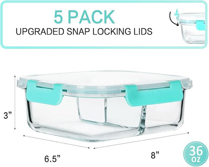 M MCIRCO [5-Pack, 36 oz] Glass Meal Prep Containers 3 Compartment with Lids, Glass Lunch Containers,Food Prep Lunch Box,Bento Box,Microwave, Oven, Freezer, Dishwasher (4.5 Cups, Green)