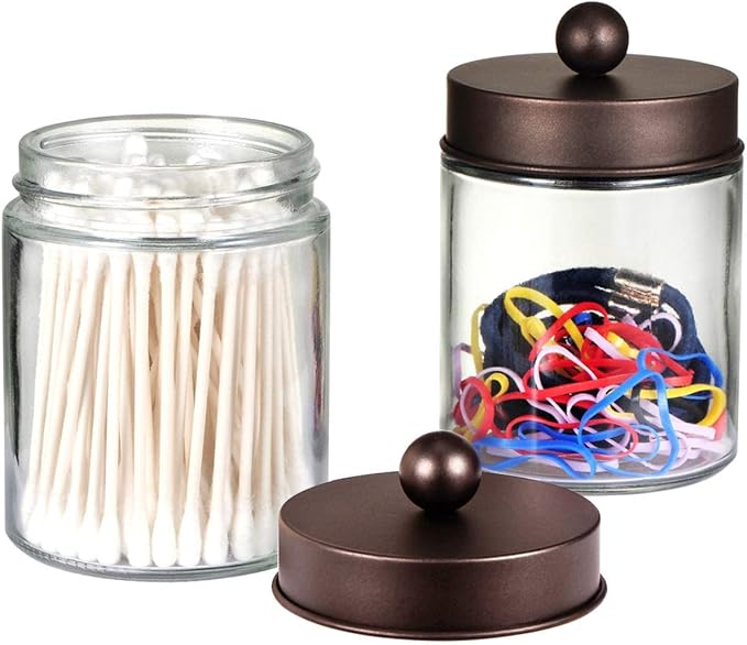 Amolliar Apothecary Jars Bathroom Storage Organizer - Cute Qtip Dispenser Holder Vanity Canister Jar Glass with Lid for Cotton Swabs,Rounds,Bath Salts,Makeup Sponges,Hair Accessories/Bronze (2 Pack)
