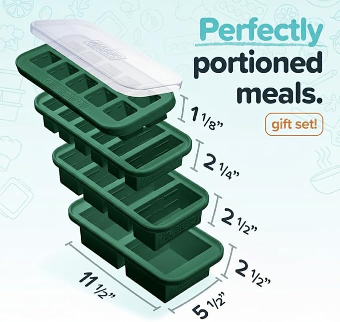 Souper Cubes Silicone Freezer Molds Gift Set with 2 Tbsp, 1/2, 1, and 2 Cup Silicone Freezer Trays With Lids - Meal Prep and Kitchen Essentials Bundle - Kale