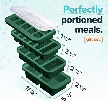 Souper Cubes Silicone Freezer Molds Gift Set with 2 Tbsp, 1/2, 1, and 2 Cup Silicone Freezer Trays With Lids - Meal Prep and Kitchen Essentials Bundle - Kale