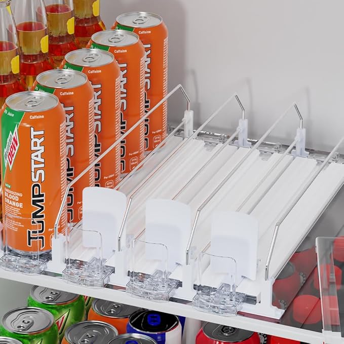 Upgraded Press-type Drink Organizer for Fridge, Capable of horizontal pushing Soda Can Dispenser for RefrigeratorSpace-Saving Automatic Drink Pusher Glide System - Holds 30 Cans (6 Rows)