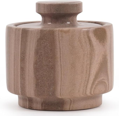 MARBLOUS KRAFTS Marble Salt Cellar 3" Inch Brown Salt Holder with Lid for Spice Jar & Stone Salt Container, Modern Sugar Bowl, Countertop Storage, Ideal Mother’s Day Gift, Home Decor
