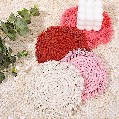 Whaline Boho Macrame Coasters Set of 4 Handmade Red Pink White Woven Coaster for Drinks Bohemian Cup Mat with Tassel for Kinds of Mugs and Cups Coffee Home Kitchen Office Wooden Table Decor - Image 3