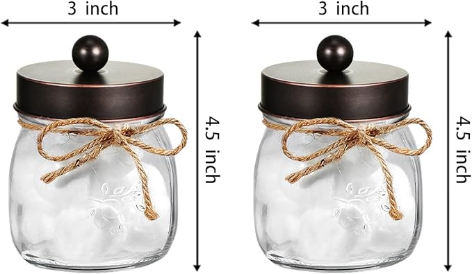 Amolliar Mason Jar Bathroom Storage Organizer -Oil Rubbed Bronze- Rustic Farmhouse Decor Bathroom Accessories - Qtip Holder Dispenser Glass Apothecary Jar-Qtips,Cotton Swabs,Ball,Flossers (2 Pack)
