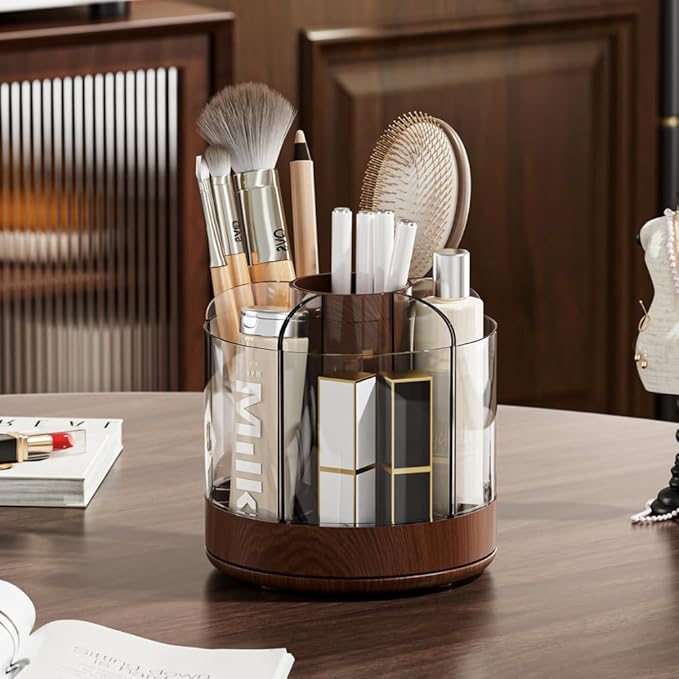 Makeup Brush Holder 360° Rotating 6 Slot Multi-Compartment Storage, Acrylic Spinning Organizer for Cosmetics Nail Polish Combs, Bathroom Vanity Desktop Organizer (Dark Woodgrain)