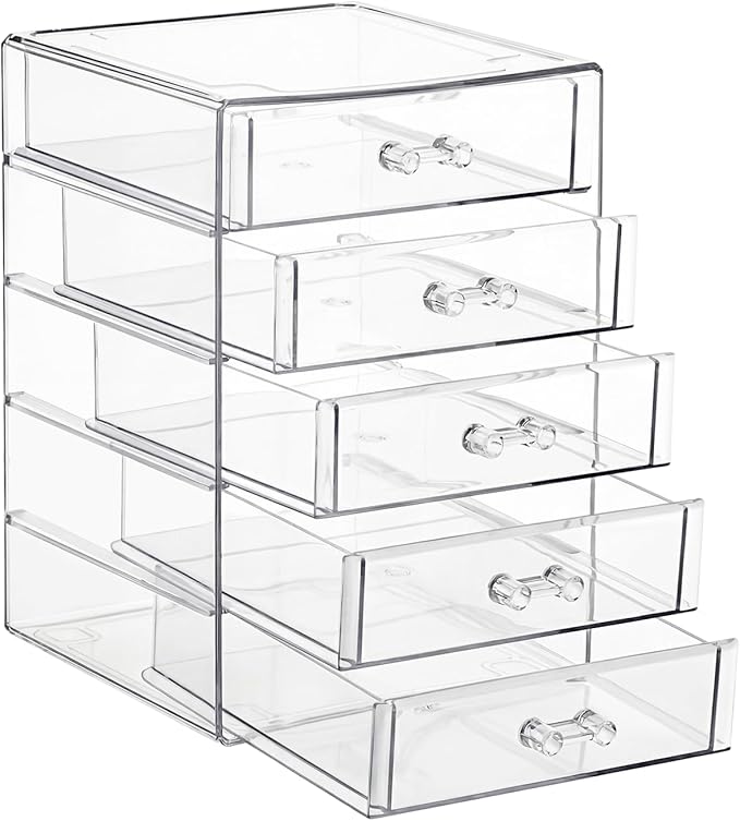 ELLDOO Rollerball Perfume Organizer with 5 Drawer, Clear Acrylic Perfume Storage Holder Beauty Scent Holder, Makeup Lipgloss Lipstick Display Case Office Supplies Box