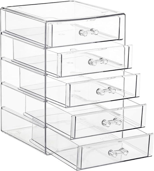 ELLDOO Rollerball Perfume Organizer with 5 Drawer, Clear Acrylic Perfume Storage Holder Beauty Scent Holder, Makeup Lipgloss Lipstick Display Case Office Supplies Box