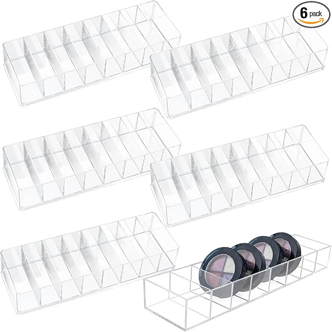 Nsmykhg Acrylic Makeup Organizer,6 Pack 8 Spaces Clear Vanity Drawer for Eyeshadow Palette, Lipstick & Highlighter Storage, Skincare Display, Bathroom Cosmetic Organize,10"x3.5"x1.8"