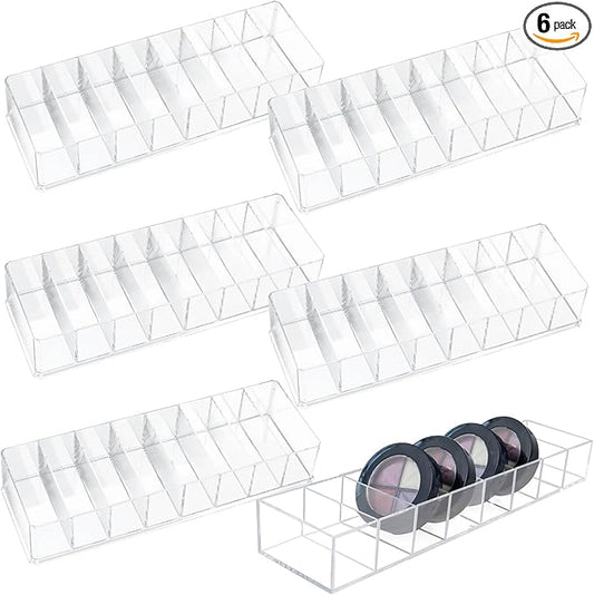 Nsmykhg Acrylic Makeup Organizer,6 Pack 8 Spaces Clear Vanity Drawer for Eyeshadow Palette, Lipstick & Highlighter Storage, Skincare Display, Bathroom Cosmetic Organize,10"x3.5"x1.8"
