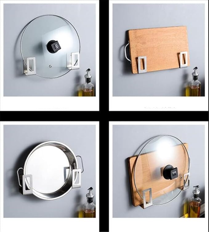 4 Pairs of Wall Mount Pot Lid Organizer, Adjustable Lid Holder,Cabinet Door Pan Lid Organizer Pot Hangers for Kitchen Wall Mount (Silver)