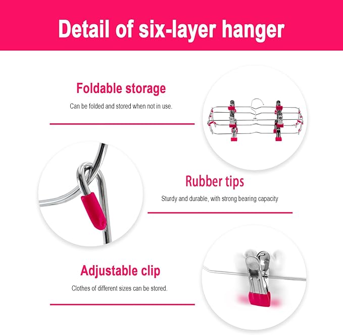 Skirt Pants Hangers with Clips,6Tier Skirt Hangers Space Saving,Metal Multi Pants Hangers and Storage Multi Clothes Shorts Hanger Organization,Space Saving Hangers with Clips (Rose, 4-Piece Set)