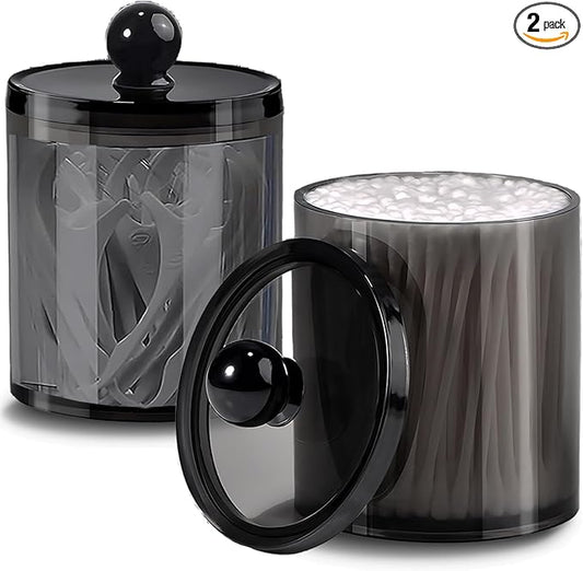 2 Pack Cotton Buds Dispenser, Pad Holder, 10 oz Clear Black Cotton Swab Holder Round Holder, Apothecary Jar Set Canister Storage Organization for Ball, Round Pads, Floss