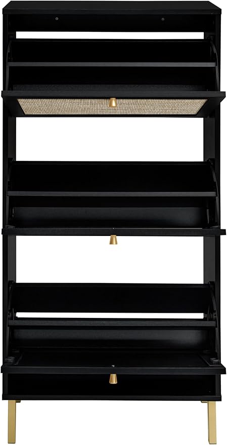 ZeHuoGe Rattan Shoe Cabinet with 3 Flip Drawers, Black 3-Tier Shoe Rack Storage Cabinet for Heels, Boots, Slippers, Free Standing Shoe Rack, Entrance Hallway Entryway (Black)