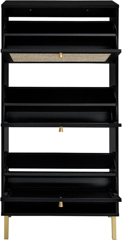 ZeHuoGe Rattan Shoe Cabinet with 3 Flip Drawers, Black 3-Tier Shoe Rack Storage Cabinet for Heels, Boots, Slippers, Free Standing Shoe Rack, Entrance Hallway Entryway (Black)