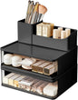DASITON Makeup Organizer for Vanity with 2 Drawers, Stackable Cosmetic Organizer with Makeup Brush Holder, Plastic Bathroom Organizer Skincare Storage for Brushes, Eyeshadow, Lotions, Lipstick (Black)