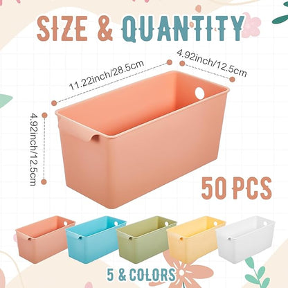 Mumufy 50 Pcs Book Bins for Easy Access Storage Basket Sturdy Book Storage Containers and Organization for Home Use, 11.2 x 5 x 5 Inch, 5 Colors