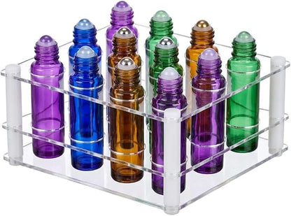 2 Pack 12 Hole 3×4 Acrylic Roller Bottle Organizer, Crystal Clear Essential Oil Holder, DIY Easy Assembly, 3mm Thick, Space Saving for Bathroom Vanity & Bedroom Dresser, Fits 10ml Roller Bottles