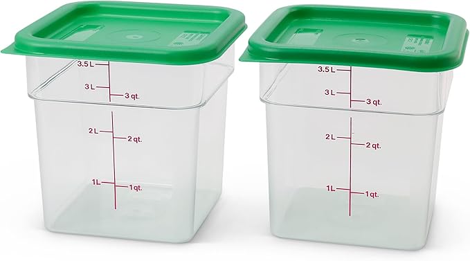 Cambro Food Storage Container with Lid (2 Pack) - Classic Series Square with Green Lid - 4 QT (Quart) - Commercial Grade for Food Prep (Clear)