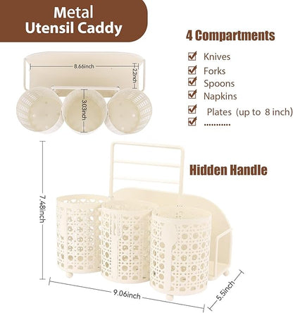 NelyBet Utensil Caddy Silverware Holder Fork Spoon Napkin Paper Plate Organizer Metal Utensil Holder Cutlery Flatware Organizers for Party Kitchen Countertop Camping Picnic - Cream Mesh