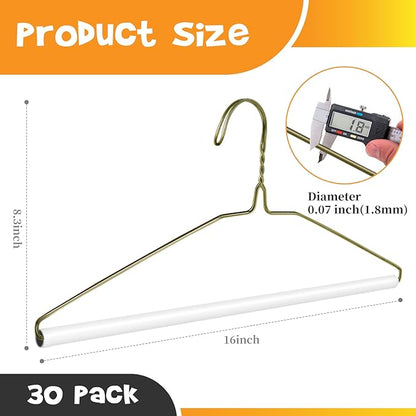 30 Pcs Dry Cleaner Hangers with Tubes - 16" Wire Hangers White Tube with Strong 15 Gauge Wire Bulk for Pants Caped Suit & Strut Home or Dry Cleaners (Gold)