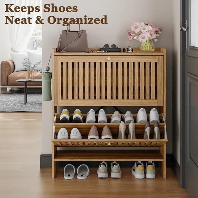 wanan 31.5" Modern Slatted Shoe Cabinet with 2 Flip Drawers, Adjustable & Removable Panels, Safety Guard Rail Top, Wide Shoe Storage Cabinet for Entryway (Light Oak)