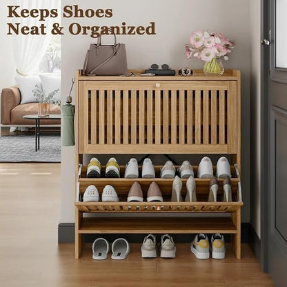 wanan 31.5" Modern Slatted Shoe Cabinet with 2 Flip Drawers, Adjustable & Removable Panels, Safety Guard Rail Top, Wide Shoe Storage Cabinet for Entryway (Light Oak)
