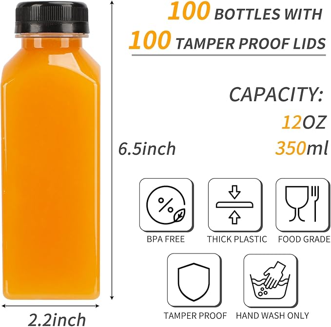 TOMNK 100pcs Juice Bottles, 12oz Plastic Bottles with Caps, Reusable Juice Bottle with Caps Clear Bulk Beverage Containers with Lids, Label, Funnel and Brush for Juicing, Milk, Smoothie and Beverages