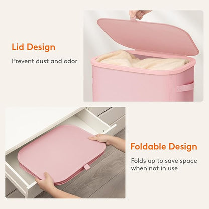 Lifewit Slim Laundry Basket with Lid, Narrow Large Laundry Hamper with Plastic Handles and Removable Bag, Tall Foldable Dirty Clothes Hampers for Laundry Room, Bedroom, Bathroom, Dorm, 65L Pink