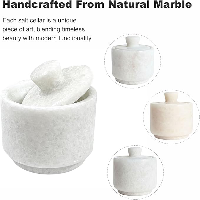 Marble Salt Cellar with Lid & Spoon White, 3-Inch Salt Jar, Kitchen Container for Spice, Marble Storage Box, Spice Jar for Counter, Easy Refill Cleaning
