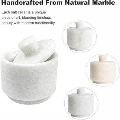 Marble Salt Cellar with Lid & Spoon White, 3-Inch Salt Jar, Kitchen Container for Spice, Marble Storage Box, Spice Jar for Counter, Easy Refill Cleaning