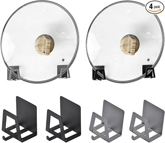 Pot Lid Holders Organizer Wall-Mounted Hook Rack Holder Organizers Inside Cabinet Door Wall Mount Pots Top Holder for Kitchen Cupboard Bedroom Living Room (4, Black+Gray)