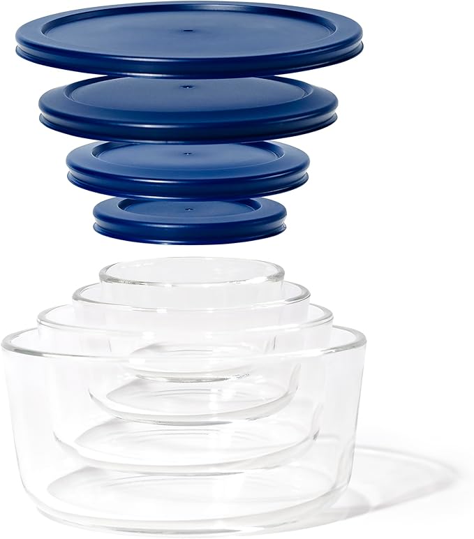 8-Piece Glass Food Storage Containers Set (4 Containers + 4 Lids) | Round, Nesting, Microwave & Dishwasher Safe | BPA-Free, Space-Saving | Blue Lids for Pantry & Kitchen Organization, Blue