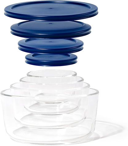 8-Piece Glass Food Storage Containers Set (4 Containers + 4 Lids) | Round, Nesting, Microwave & Dishwasher Safe | BPA-Free, Space-Saving | Blue Lids for Pantry & Kitchen Organization, Blue