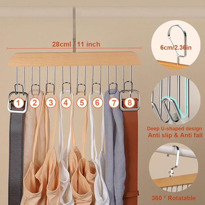 2 Pack Belt Hanger with 16 Hooks, Non-Slip Wooden Skid-Proof Belt Holder, Space-Saving Rotating Display Rack for Belts, Tops, Hats