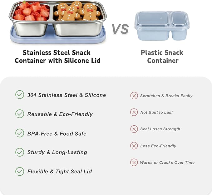 3 Pack Stainless Steel Snack Containers with Silicone Lids, 2-Compartment Snack Containers for Lunch, Office, Travel & Camping（Aqua, Blue, Grey