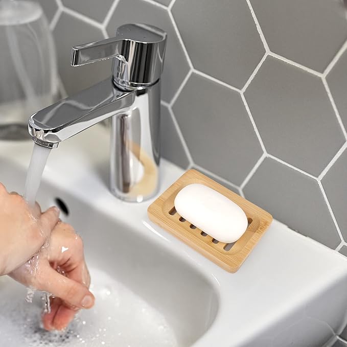 Anwenk Bamboo Wooden Soap Dish, Bar Soap Holder Soap Tray for Shower Bathroom Kitchen Sink Drainer - 2 Pack (Natural Color)