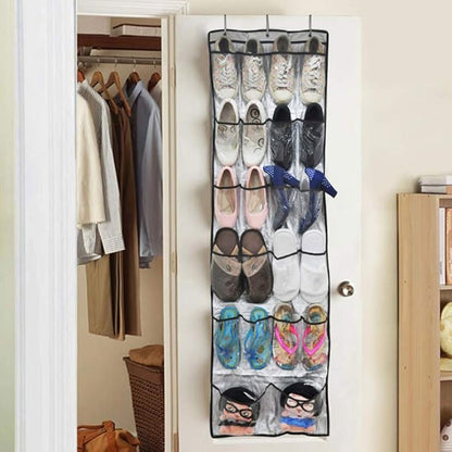 Over the Door Shoe Organizer Rack, Hanging Storage Bag with 22 Pockets, Oxford Cloth Space Saver with Transparent PVC Window for Shoes Toys Stationery, Foldable Door Hanging Organi