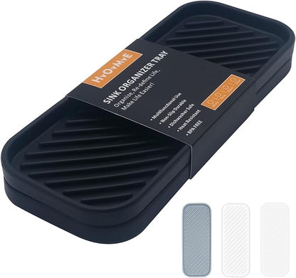 Silicone Organizer Tray, Soap and Sponge Holder for Kitchen Sink, Bathroom - Storage Tray for Dish Brush, Soap Dispenser, Dishwashing Accessories- 2 Pack (Black)