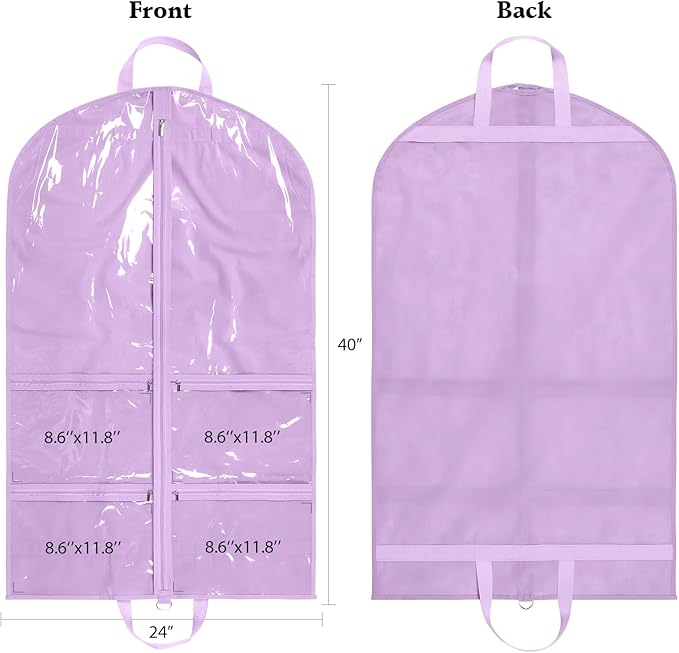 KEEGH Clear Garment Bags for Dance Costumes 40 inch Dance Garment Bags for Dancers Hanging Clothes for Closet Storage, with 4 Zipper Pockets for Dance Competitions, Ballet, Theatre, 2 Pack, Purple