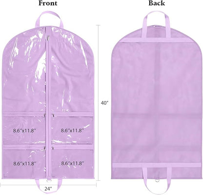 KEEGH Clear Garment Bags for Dance Costumes 40 inch Dance Garment Bags for Dancers Hanging Clothes for Closet Storage, with 4 Zipper Pockets for Dance Competitions, Ballet, Theatre, 2 Pack, Purple