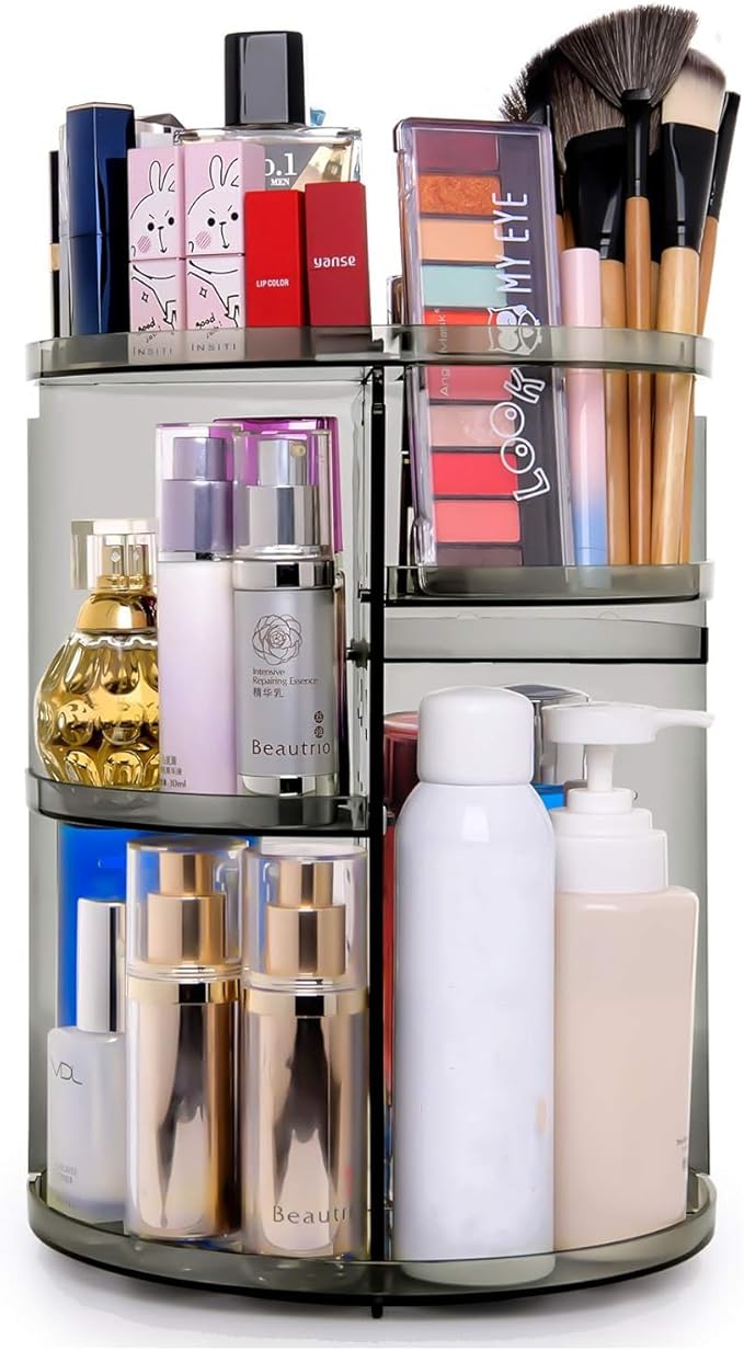 360 Rotating Makeup Organizer, Spinning Skincare Organizer,Cosmetic Display Case with Brush Holder Perfume Tray, Multi-Function Storage Carousel for Vanity Bathroom Countertop