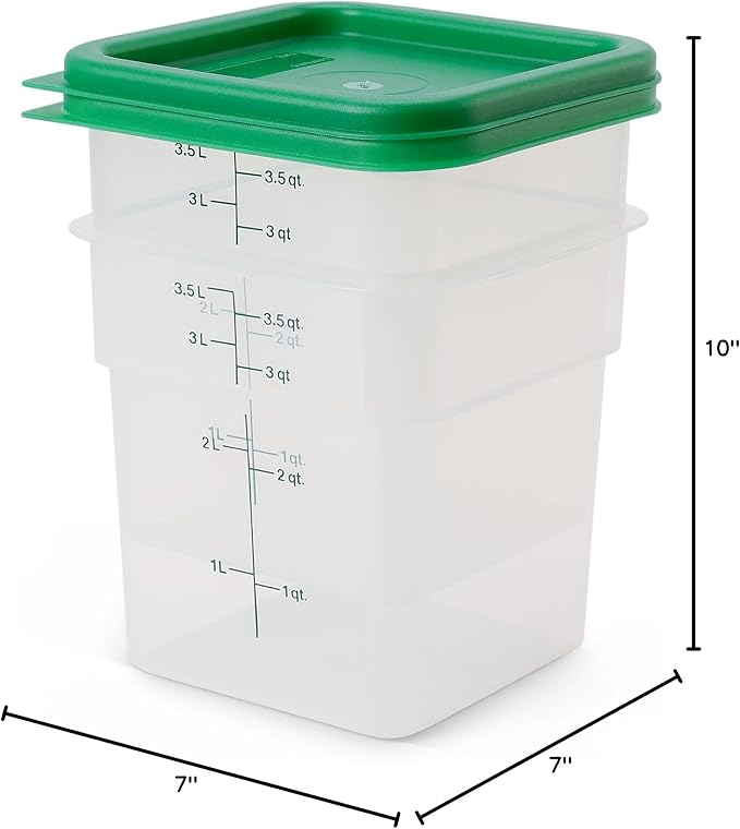 Cambro Food Storage Container with Lid (Microwave Safe and BPA-Free) - 2 Pack - Classic Series Square with Green Lid - 4 QT (Quart) - Commercial Grade for Food Prep (Translucent)