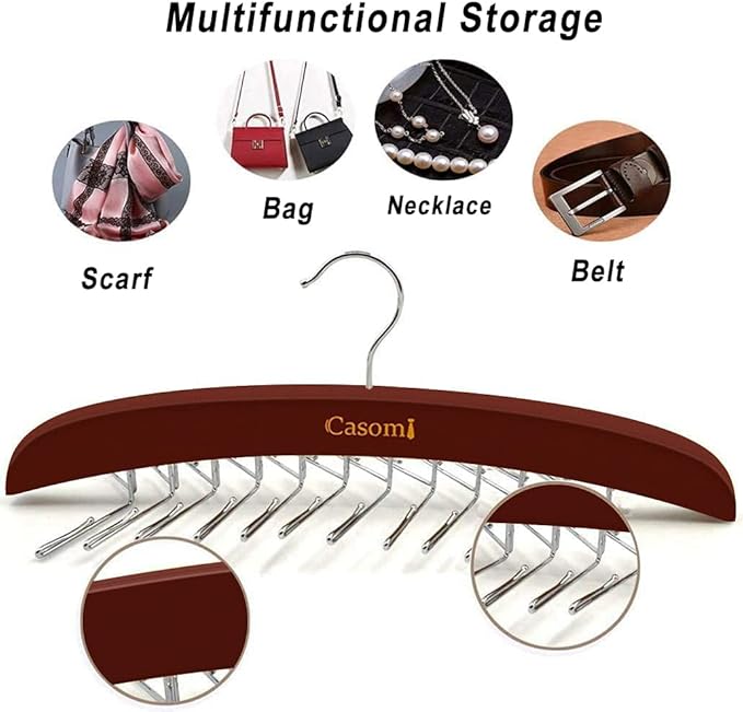 Tie Rack,24 Hook Tie Holder,360° Rotating,Foldable Metal Hooks,Tie Hanger Organizer for Closet Wooden Belt Storage Rack for Men Ties Belts Scarves Accessories(Red Brown)