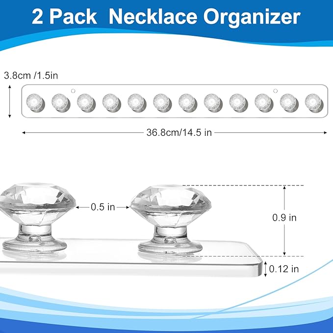 Necklace Holder,Acrylic Necklace Organizer,Wall Mounted Jewelry Organizer With 12 Hooks for Bracelets, Chains,Keys - (2 Pack,Clear)