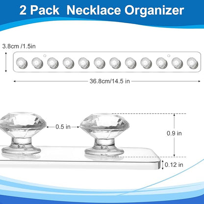 Necklace Holder,Acrylic Necklace Organizer,Wall Mounted Jewelry Organizer With 12 Hooks for Bracelets, Chains,Keys - (2 Pack,Clear)